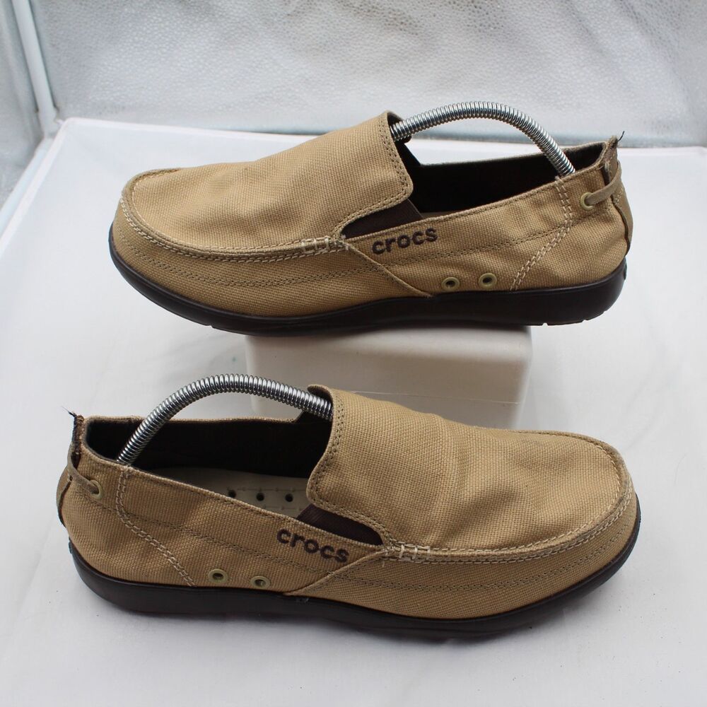 Crocs Walu Men's Size 11 Canvas Slip On Loafers Khaki Espresso Brown